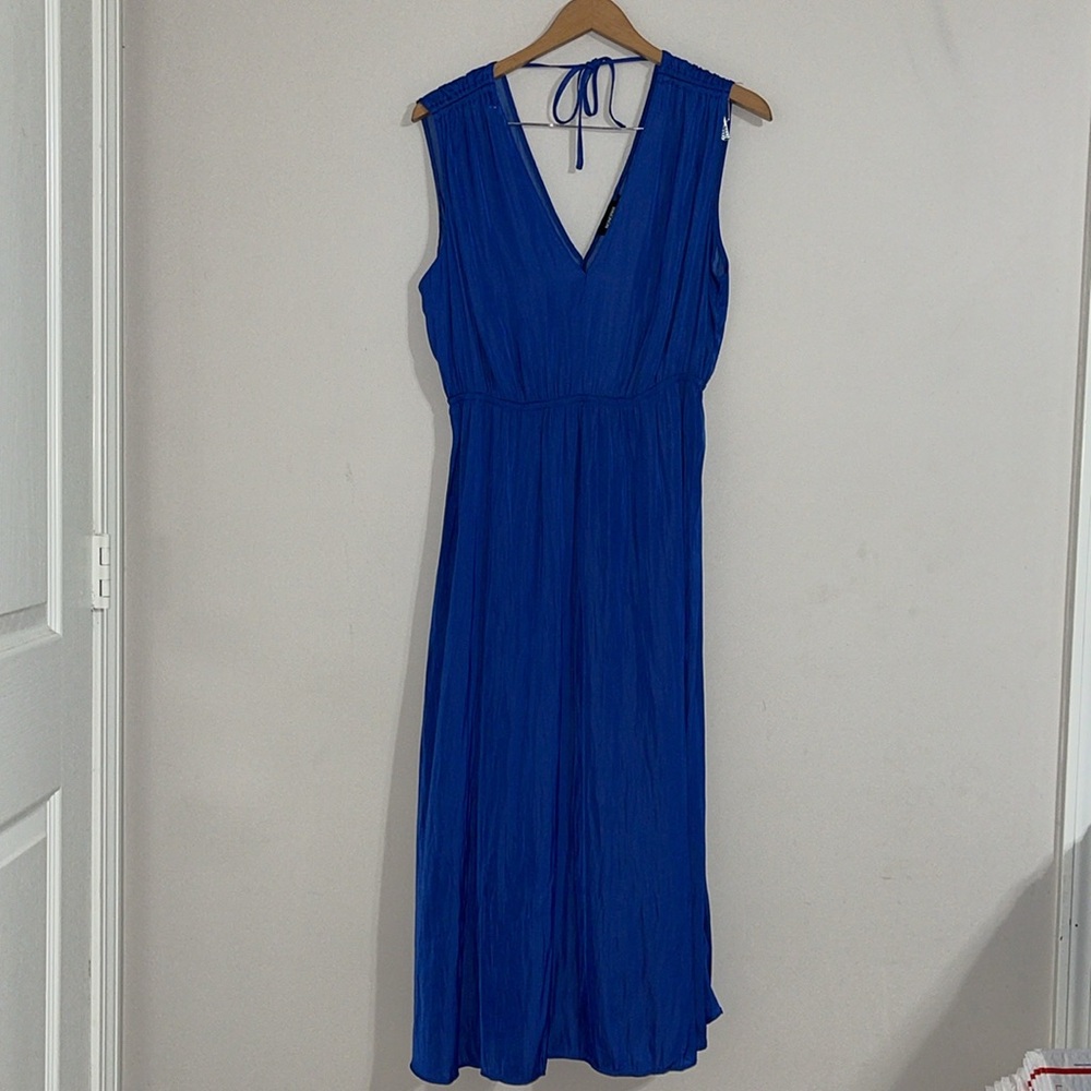 monoprix women’s flowy deep v-neck  sleeveless blue midi dress medium - Picture 5 of 9
